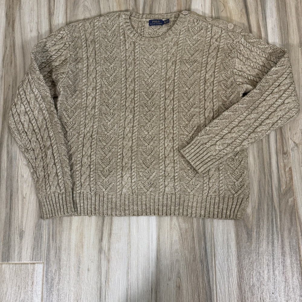 Polo Ralph Lauren Sweater Womens L Tan Cable Button Shoulder Pullover Fisherman